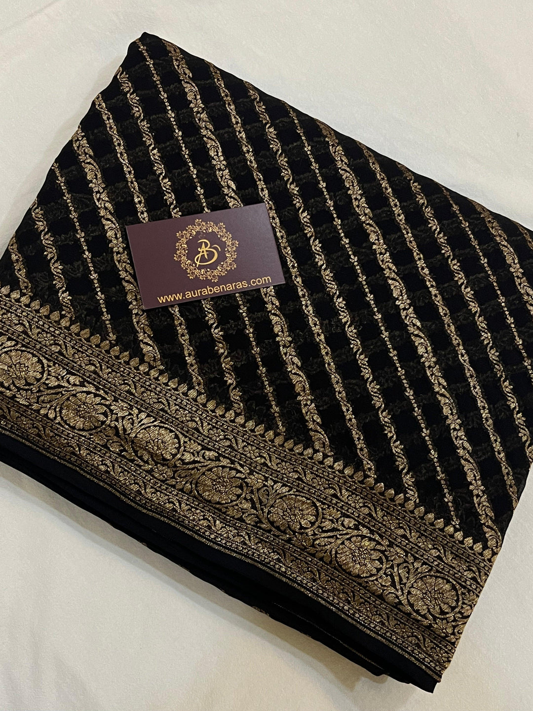 Black Banarasi Handloom Pure Georgette Silk Saree - Aura Benaras