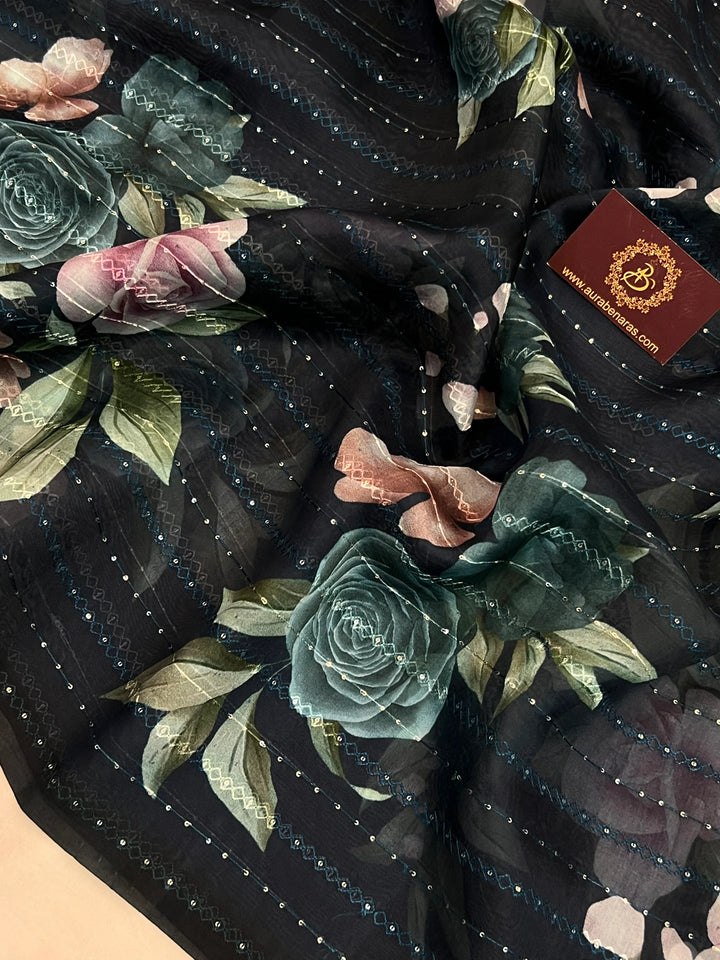 Black Pure Kora Silk Handloom Banarasi Saree