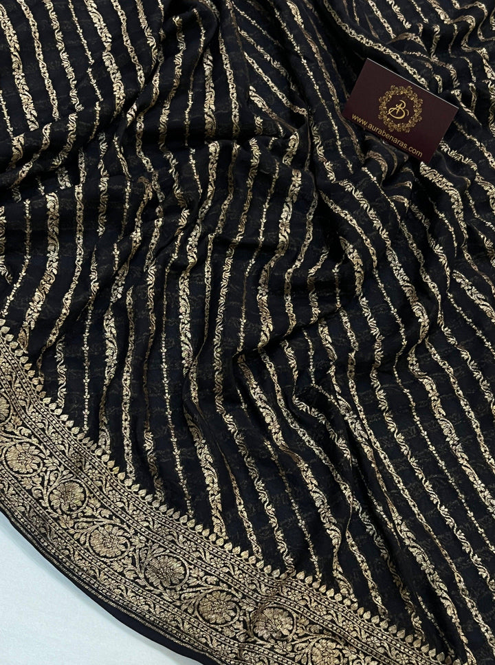 Black Banarasi Handloom Pure Georgette Silk Saree - Aura Benaras