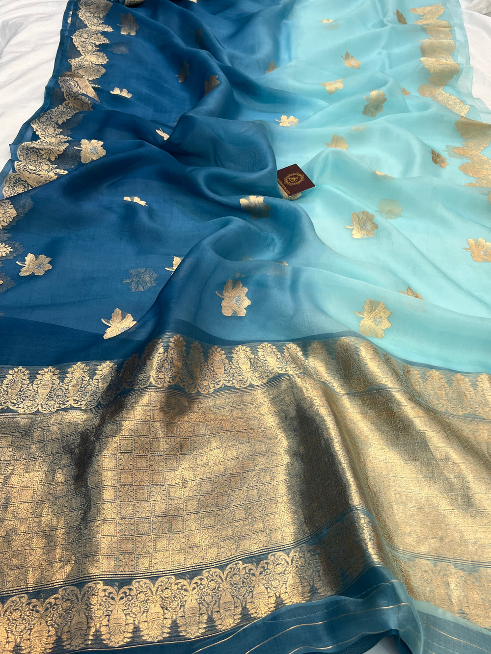 Blue Shaded Pure Kora Silk Handloom Banarasi Saree