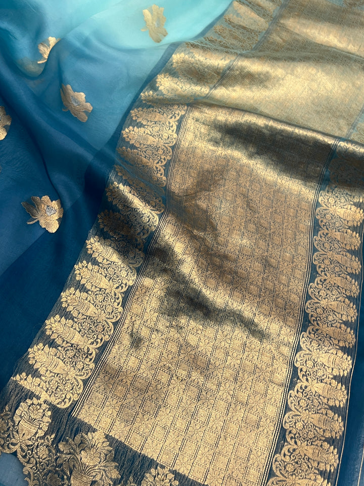 Blue Shaded Pure Kora Silk Handloom Banarasi Saree