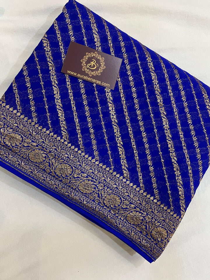 Royal Blue Banarasi Handloom Pure Georgette Silk Saree - Aura Benaras
