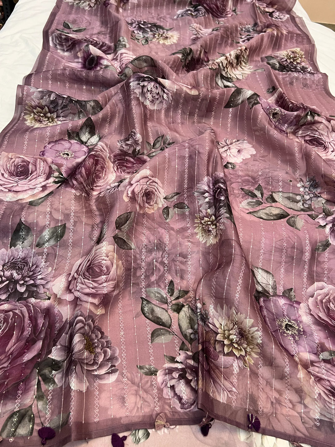 Mauve Banarasi Kora Silk Saree with Digital Print & Sequin Embroidery