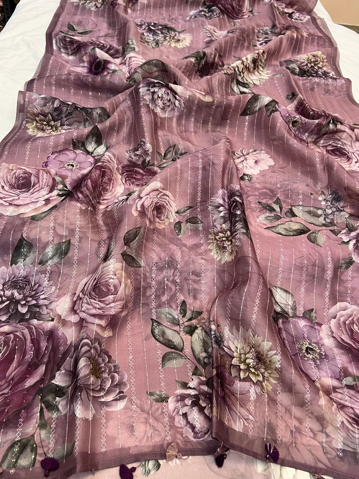 Mauve Banarasi Kora Silk Saree with Digital Print & Sequin Embroidery