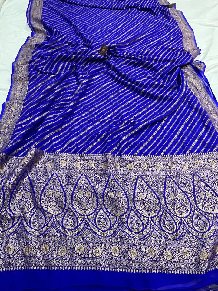 Royal Blue Banarasi Handloom Pure Georgette Silk Saree - Aura Benaras