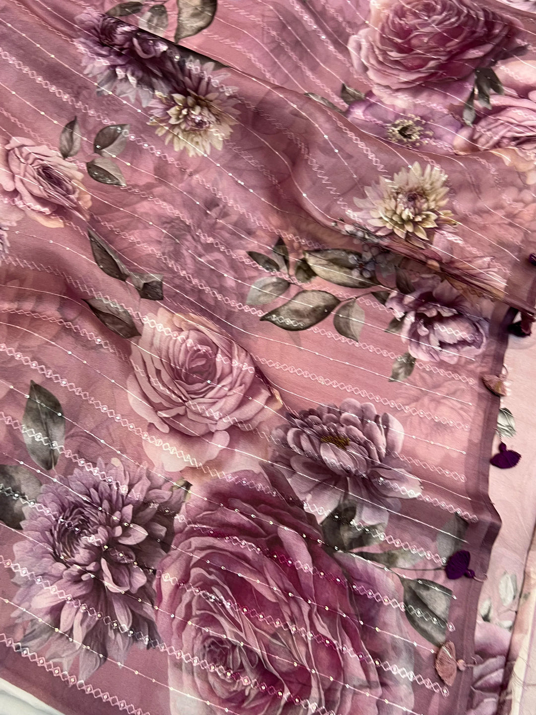 Mauve Banarasi Kora Silk Saree with Digital Print & Sequin Embroidery