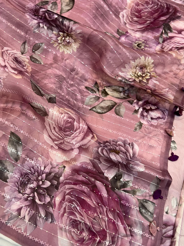 Mauve Banarasi Kora Silk Saree with Digital Print & Sequin Embroidery