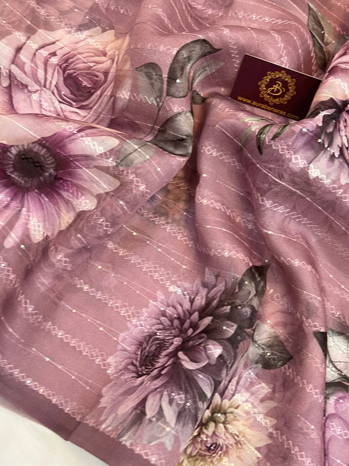 Mauve Banarasi Kora Silk Saree with Digital Print & Sequin Embroidery