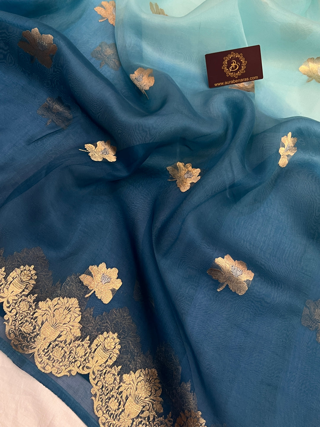 Blue Shaded Pure Kora Silk Handloom Banarasi Saree