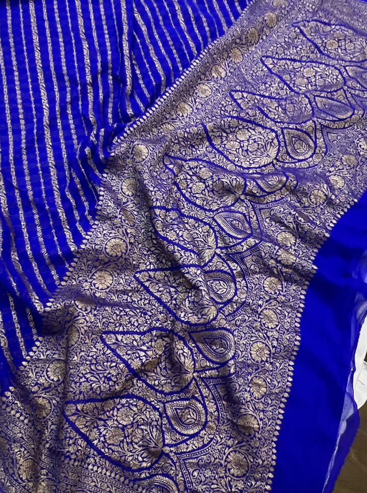 Royal Blue Banarasi Handloom Pure Georgette Silk Saree - Aura Benaras