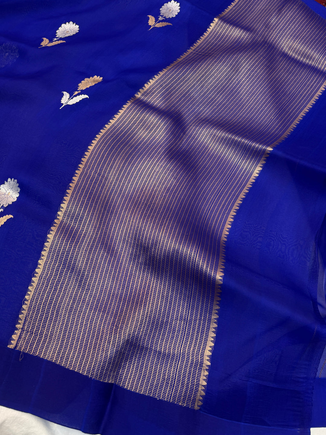 Royal Blue Pure Kora Silk Handloom Banarasi Saree