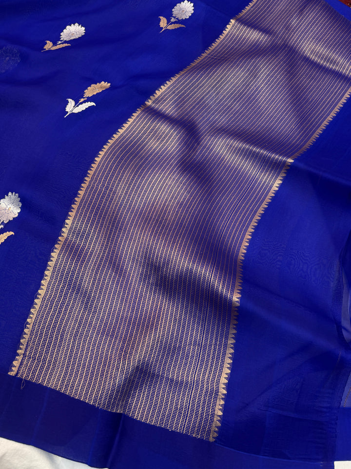 Royal Blue Pure Kora Silk Handloom Banarasi Saree