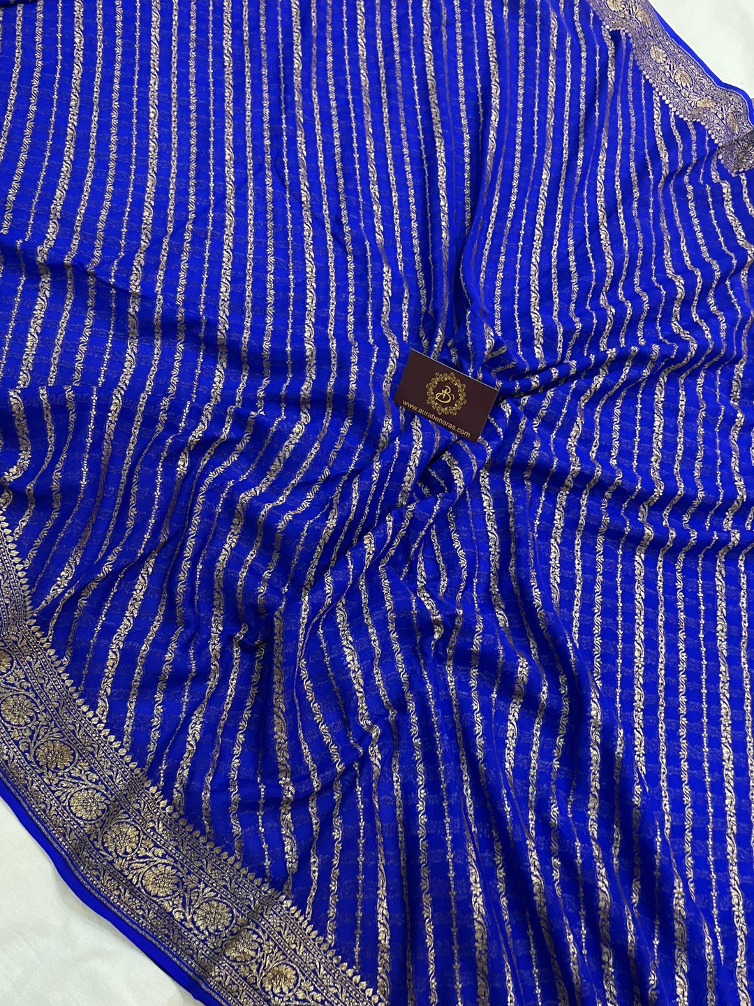 Royal Blue Banarasi Handloom Pure Georgette Silk Saree - Aura Benaras