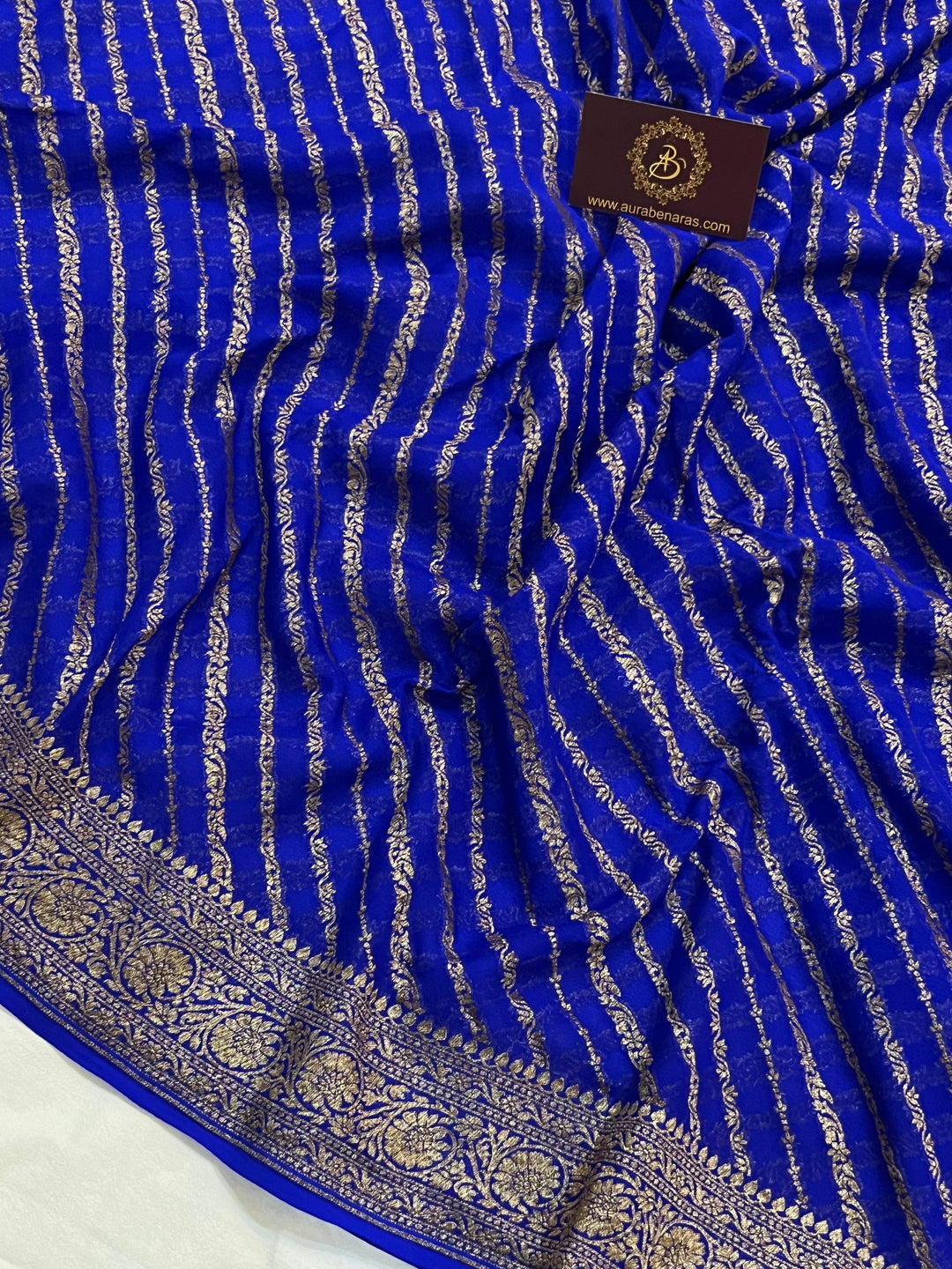 Royal Blue Banarasi Handloom Pure Georgette Silk Saree - Aura Benaras