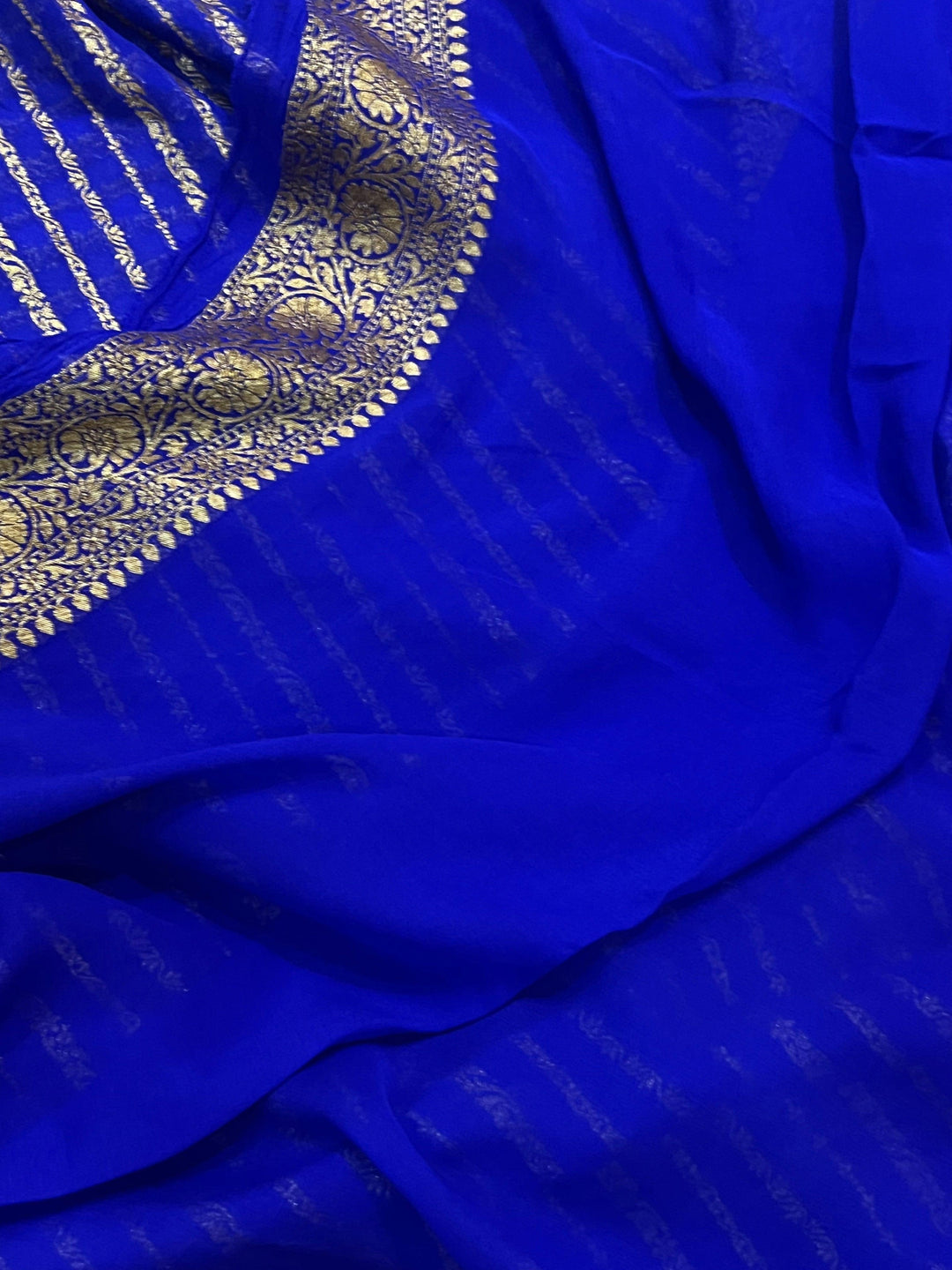 Royal Blue Banarasi Handloom Pure Georgette Silk Saree - Aura Benaras