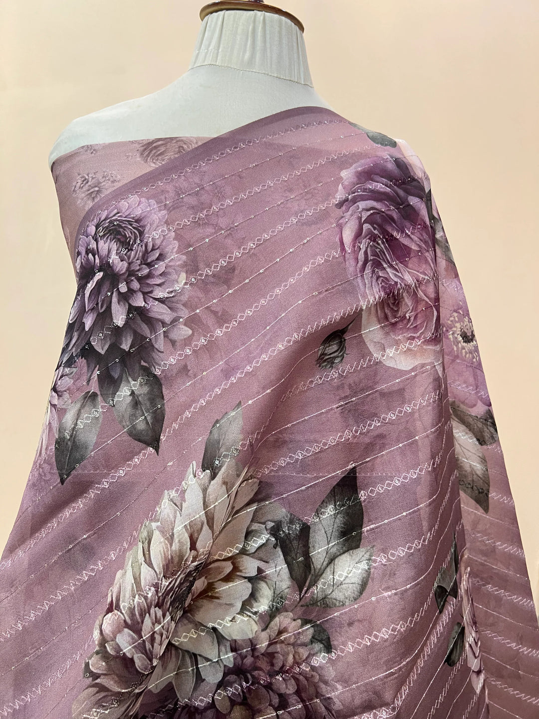 Mauve Banarasi Kora Silk Saree with Digital Print & Sequin Embroidery