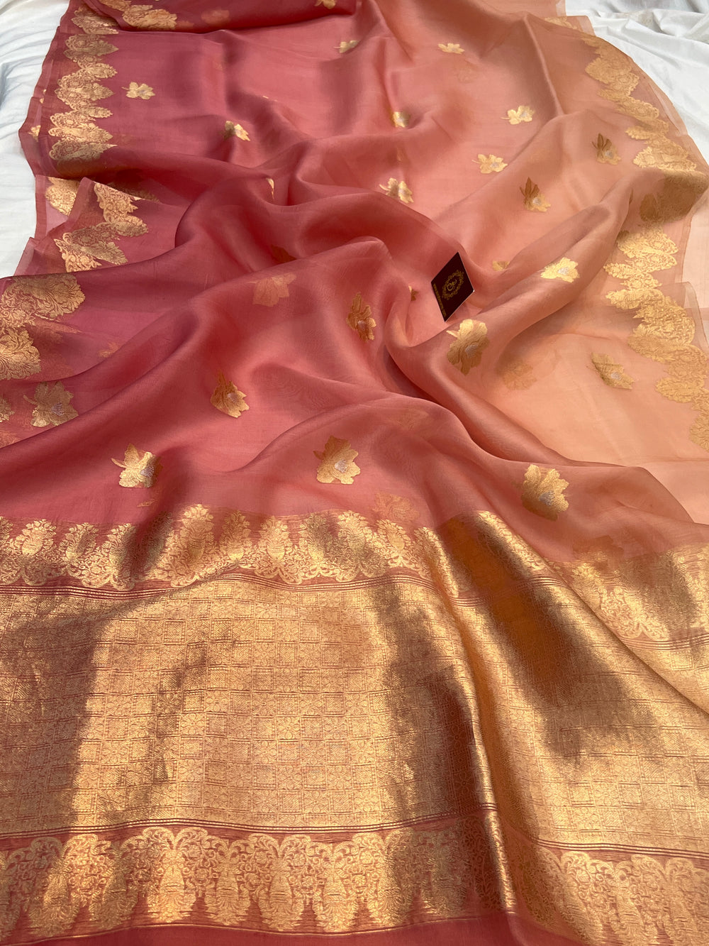 Peach Shaded Pure Kora Silk Handloom Banarasi Saree