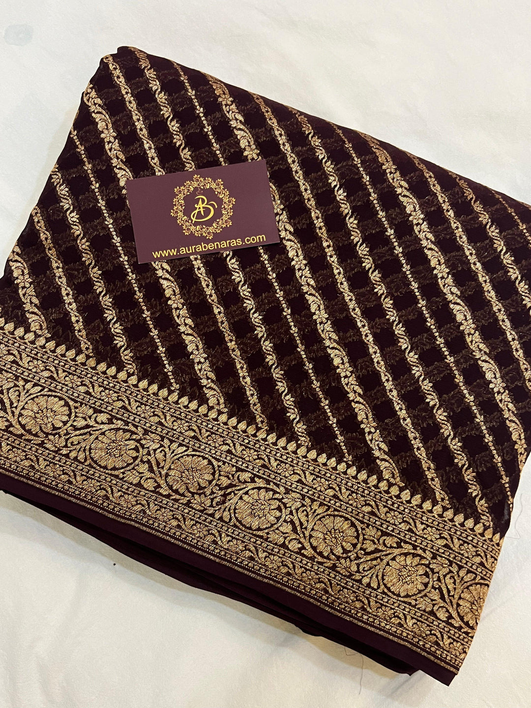 Brown Banarasi Handloom Pure Georgette Silk Saree - Aura Benaras