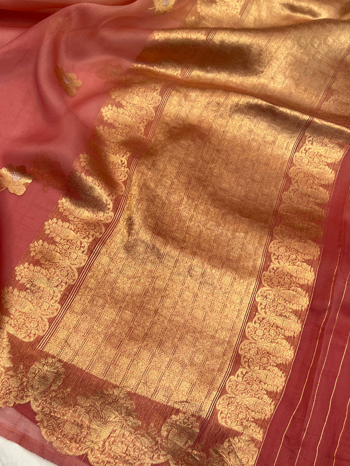 Peach Shaded Pure Kora Silk Handloom Banarasi Saree