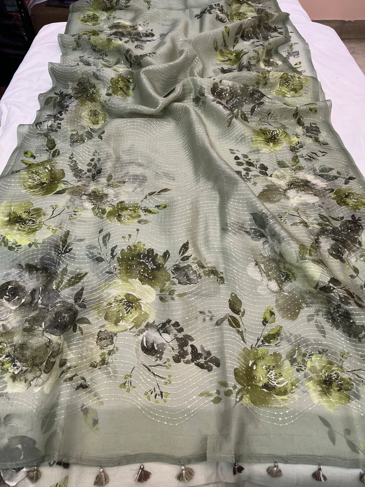 Green Banarasi Kora Silk Saree with floral digital print and sequin embroidery
