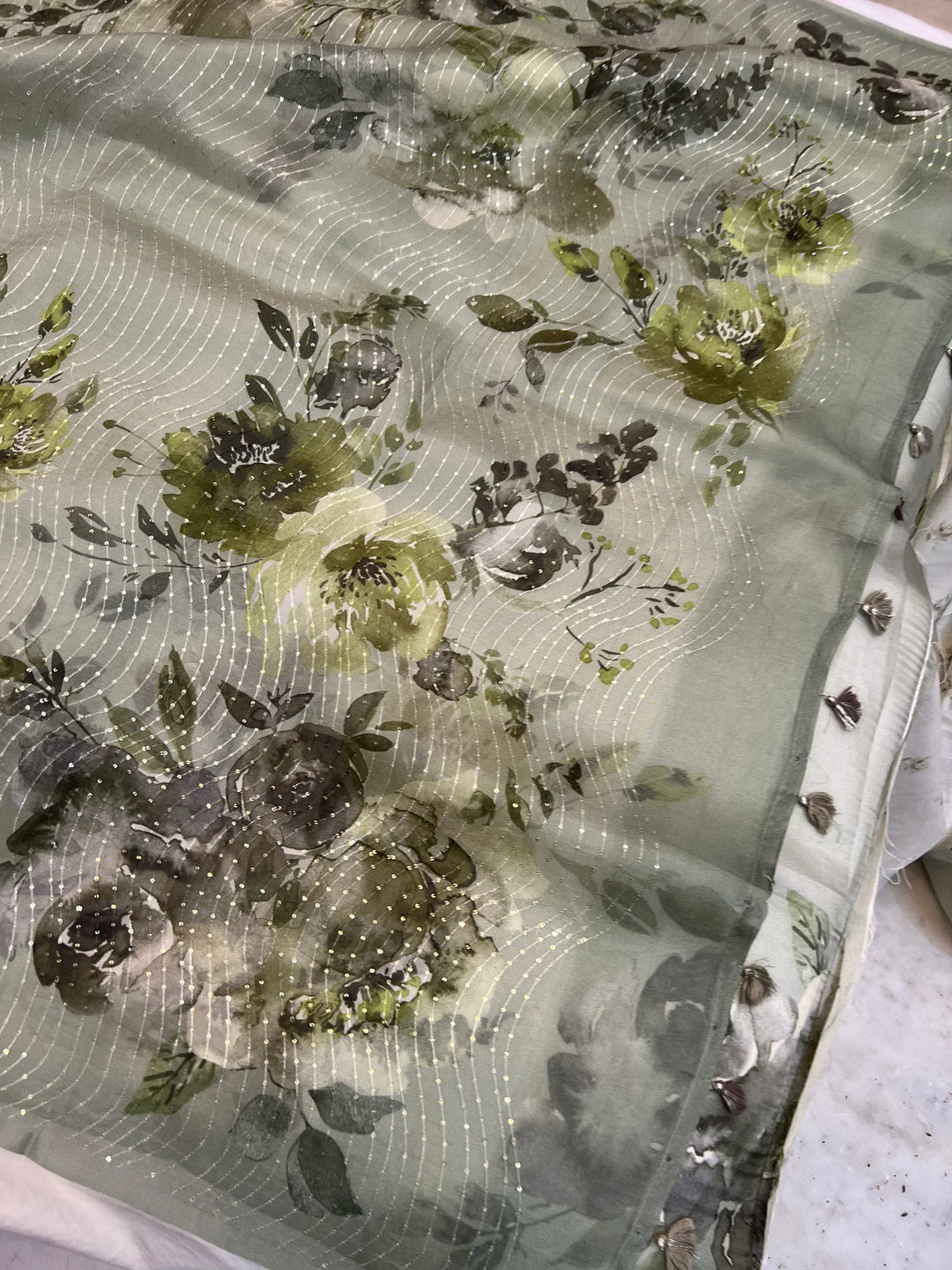 Green Banarasi Kora Silk Saree with floral digital print and sequin embroidery