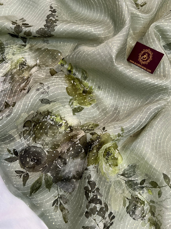 Green Banarasi Kora Silk Saree with floral digital print and sequin embroidery