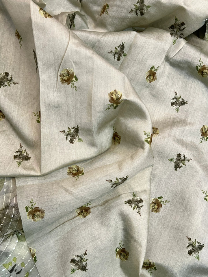 Green Banarasi Kora Silk Saree with floral digital print and sequin embroidery