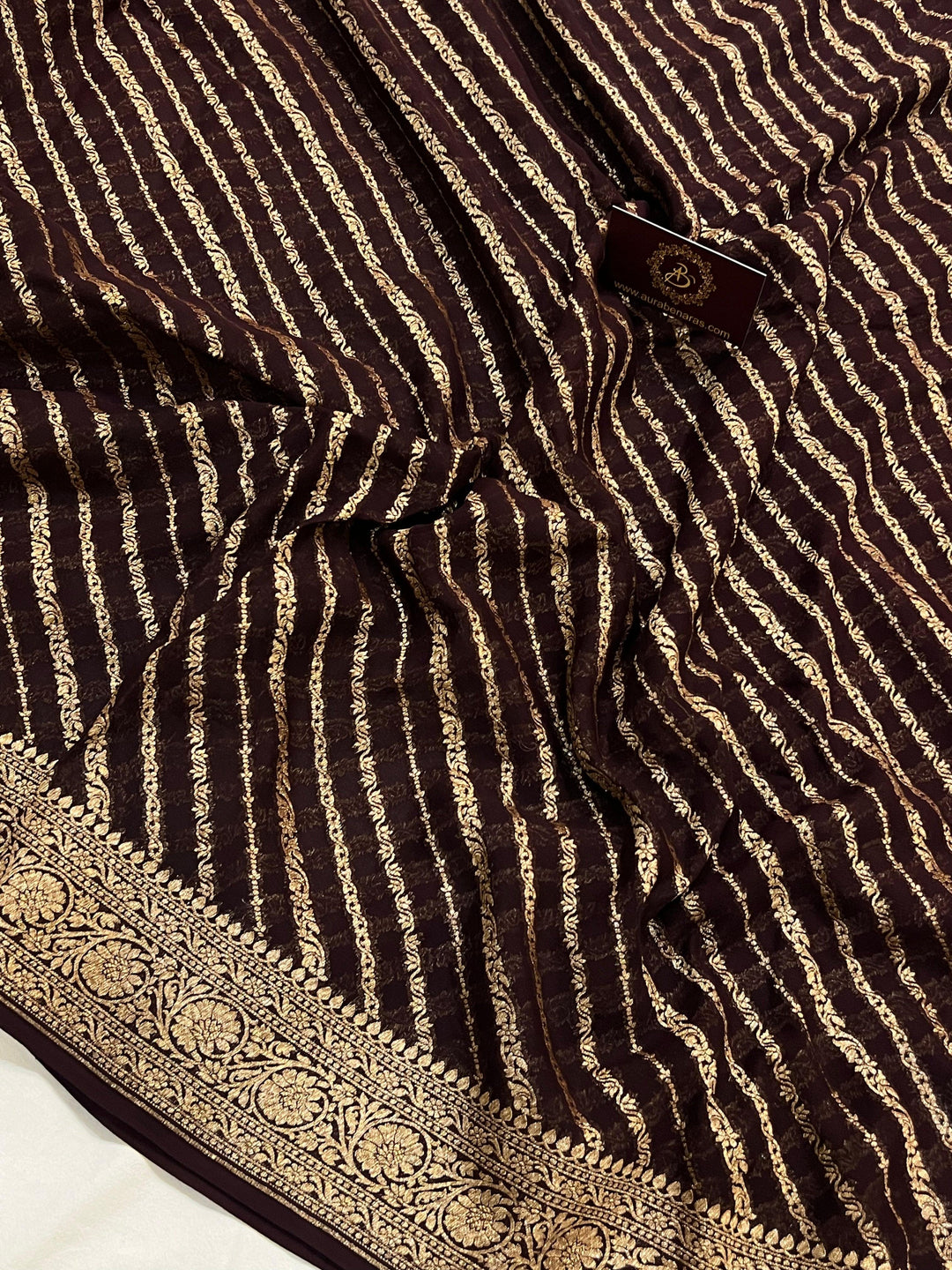 Brown Banarasi Handloom Pure Georgette Silk Saree - Aura Benaras