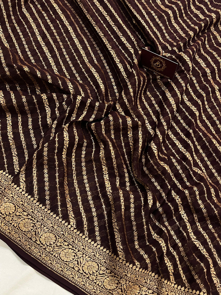 Brown Banarasi Handloom Pure Georgette Silk Saree - Aura Benaras