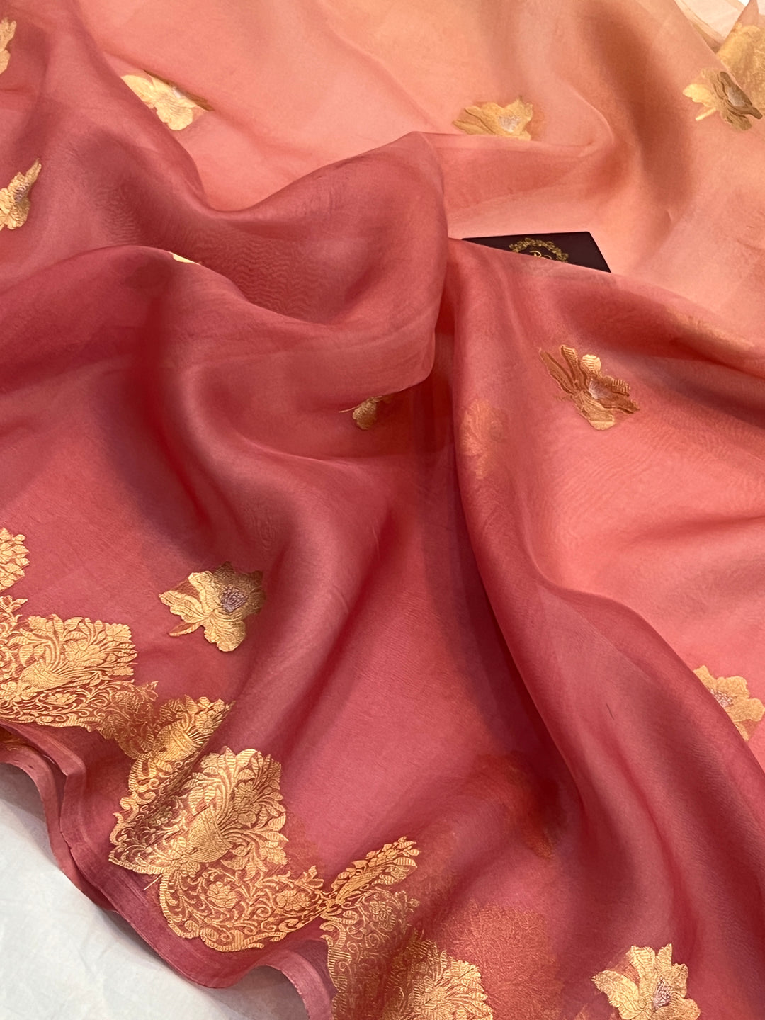 Peach Shaded Pure Kora Silk Handloom Banarasi Saree