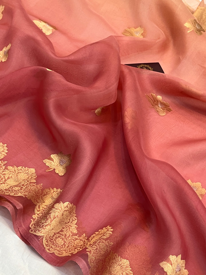 Peach Shaded Pure Kora Silk Handloom Banarasi Saree