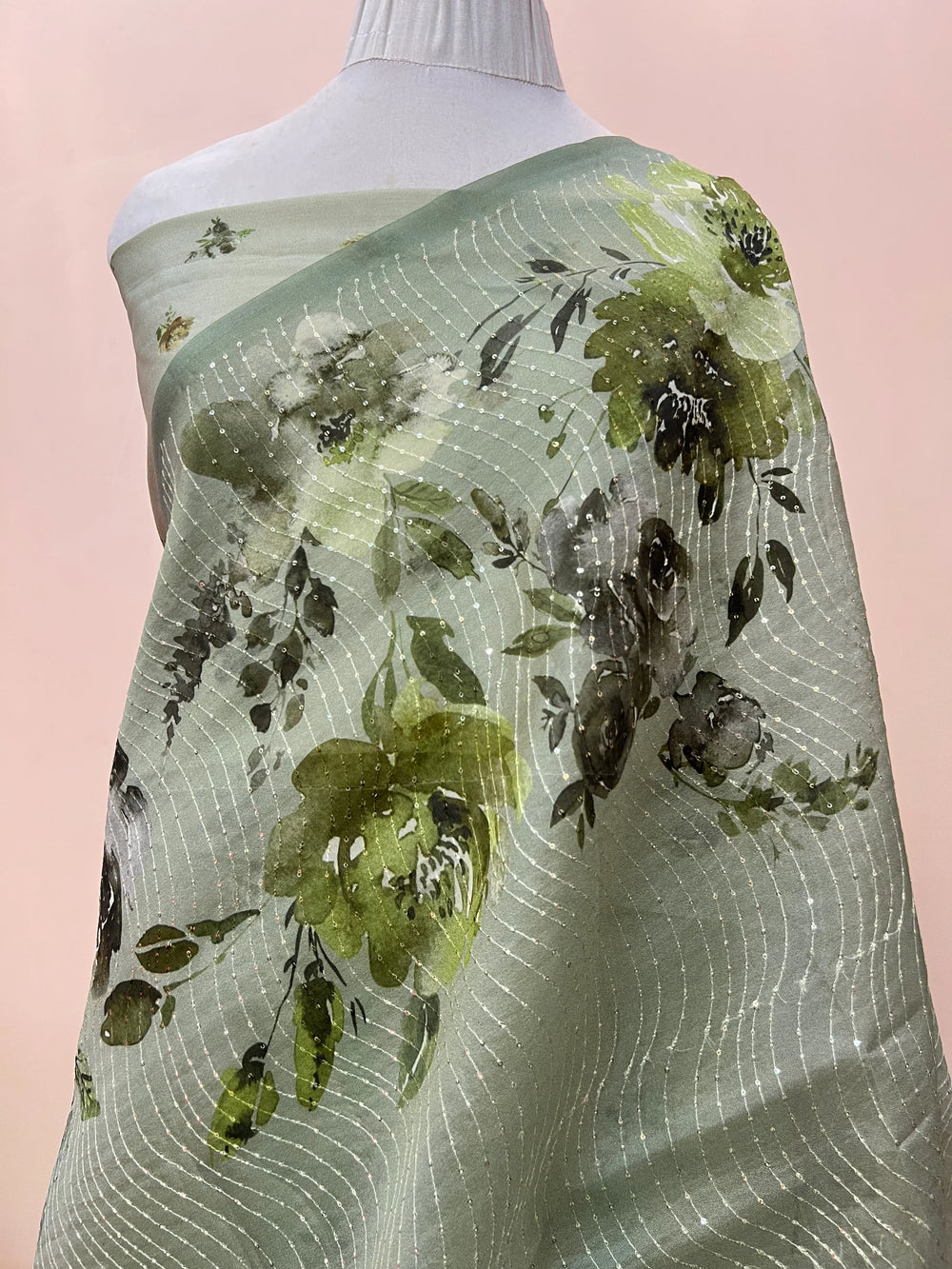 Green Banarasi Kora Silk Saree with floral digital print and sequin embroidery