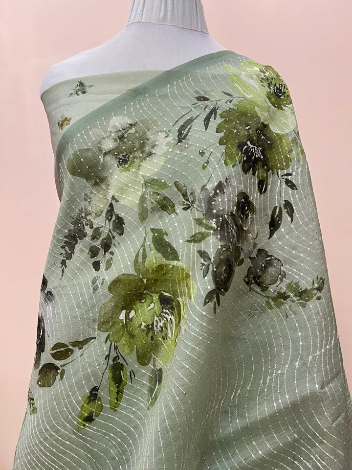 Green Banarasi Kora Silk Saree with floral digital print and sequin embroidery