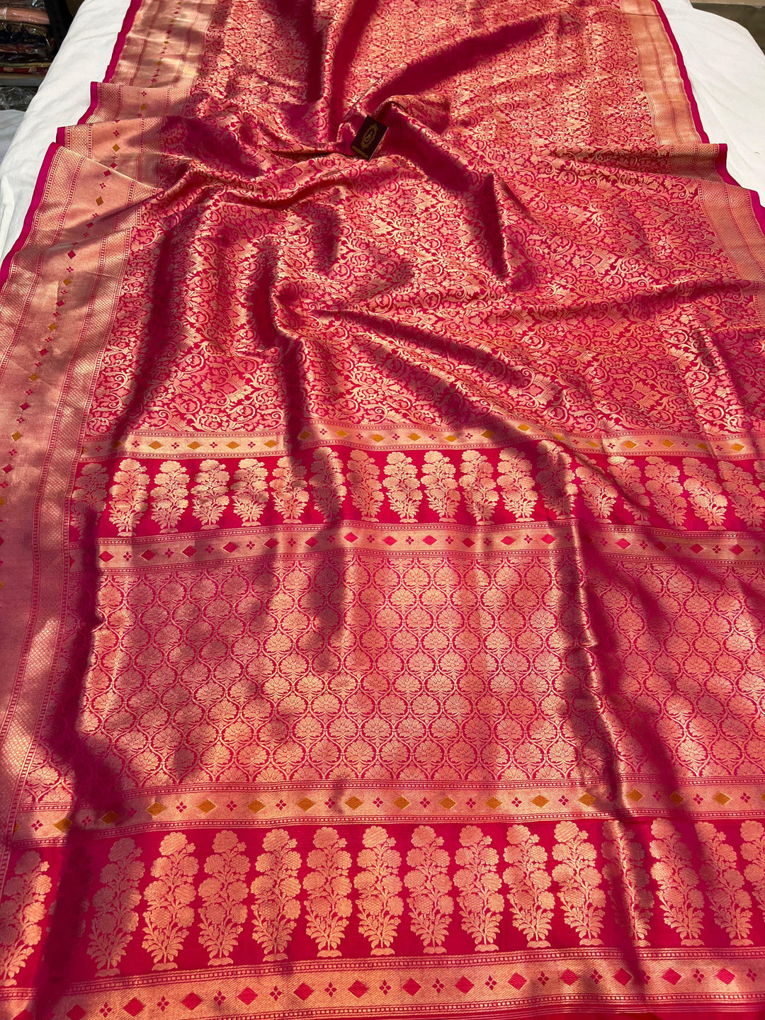 Pure Katan silk handloom Banarasi saree with golden geometric brocade and Meenakari designer border