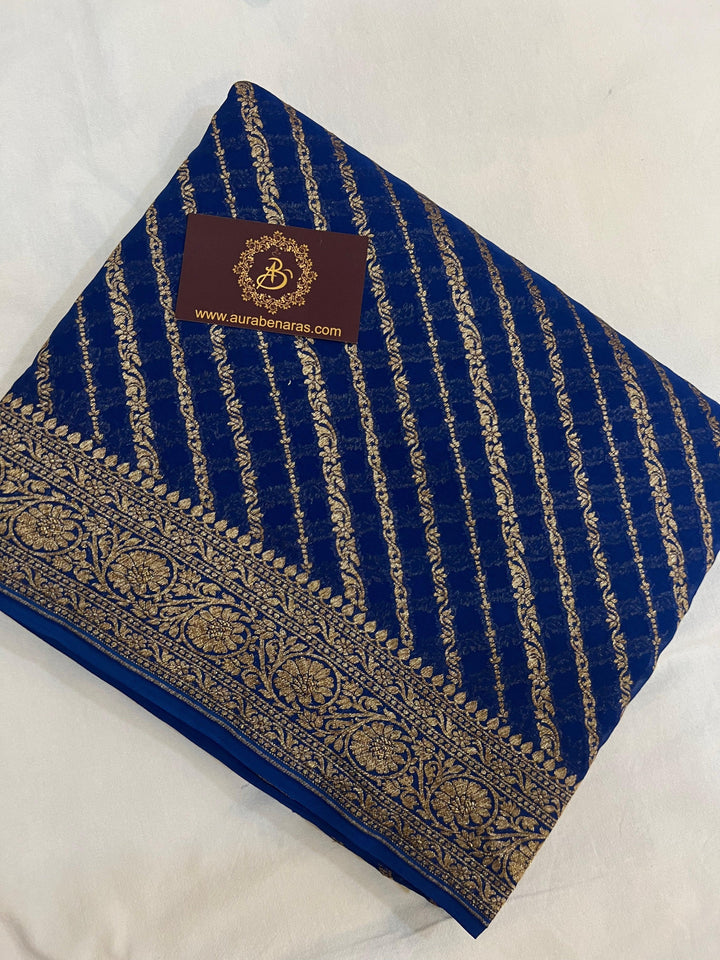 Teal Blue Banarasi Handloom Pure Georgette Silk Saree - Aura Benaras