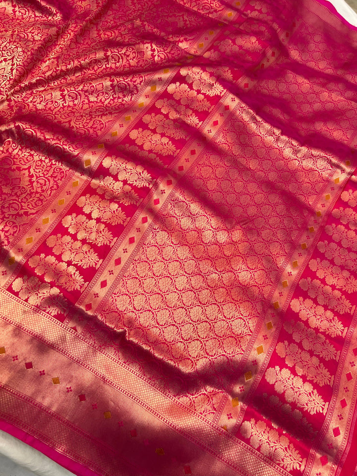 Rich pallu of pure Katan silk handloom Banarasi saree highlighting the golden zari geometric design