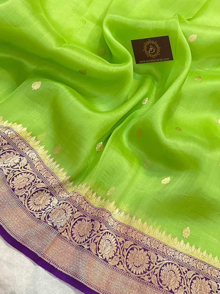 Pista Green Banarasi Handloom Kora Silk Saree - Aura Benaras