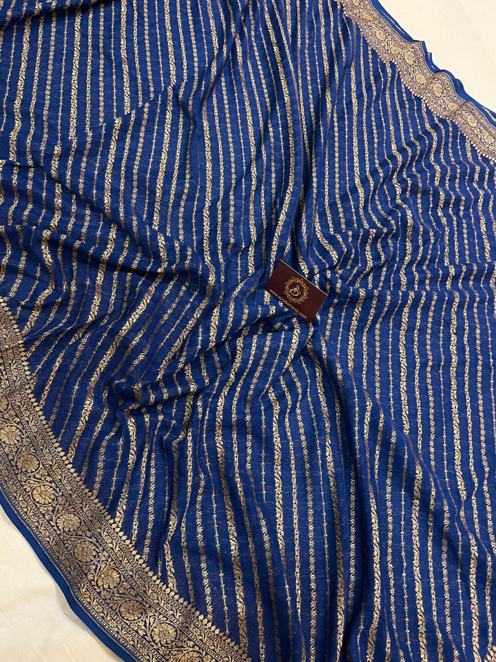 Teal Blue Banarasi Handloom Pure Georgette Silk Saree - Aura Benaras