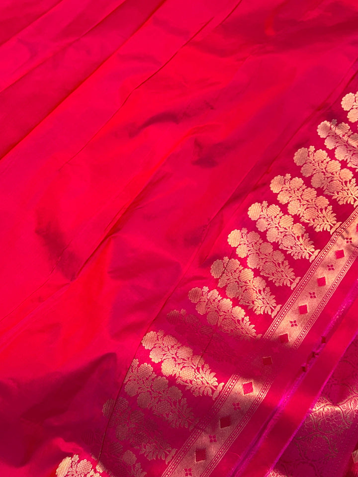 Plain blouse piece with matching border included with pure Katan silk Banarasi saree