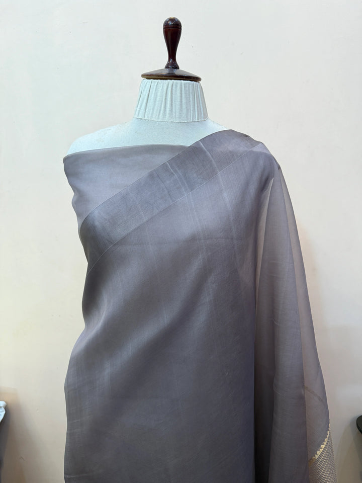 Grey Pure Kora Silk Handloom Banarasi Saree