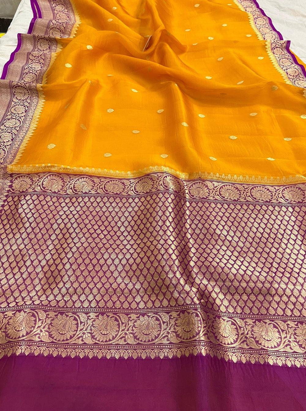 Mustard Yellow Banarasi Handloom Kora Silk Saree - Aura Benaras