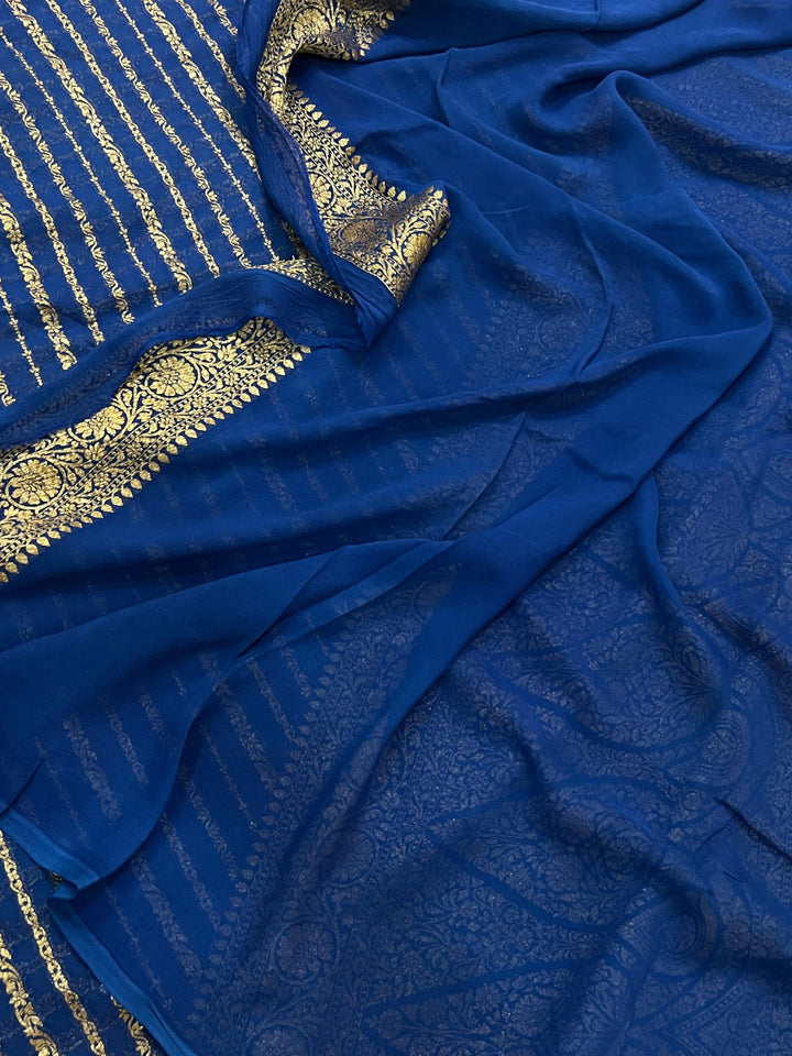Teal Blue Banarasi Handloom Pure Georgette Silk Saree - Aura Benaras