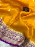 Mustard Yellow Banarasi Handloom Kora Silk Saree - Aura Benaras