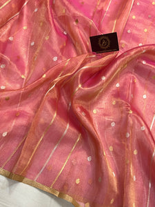 Rose Pink Banarasi Handloom Organza Tissue Silk Saree - Aura Benaras