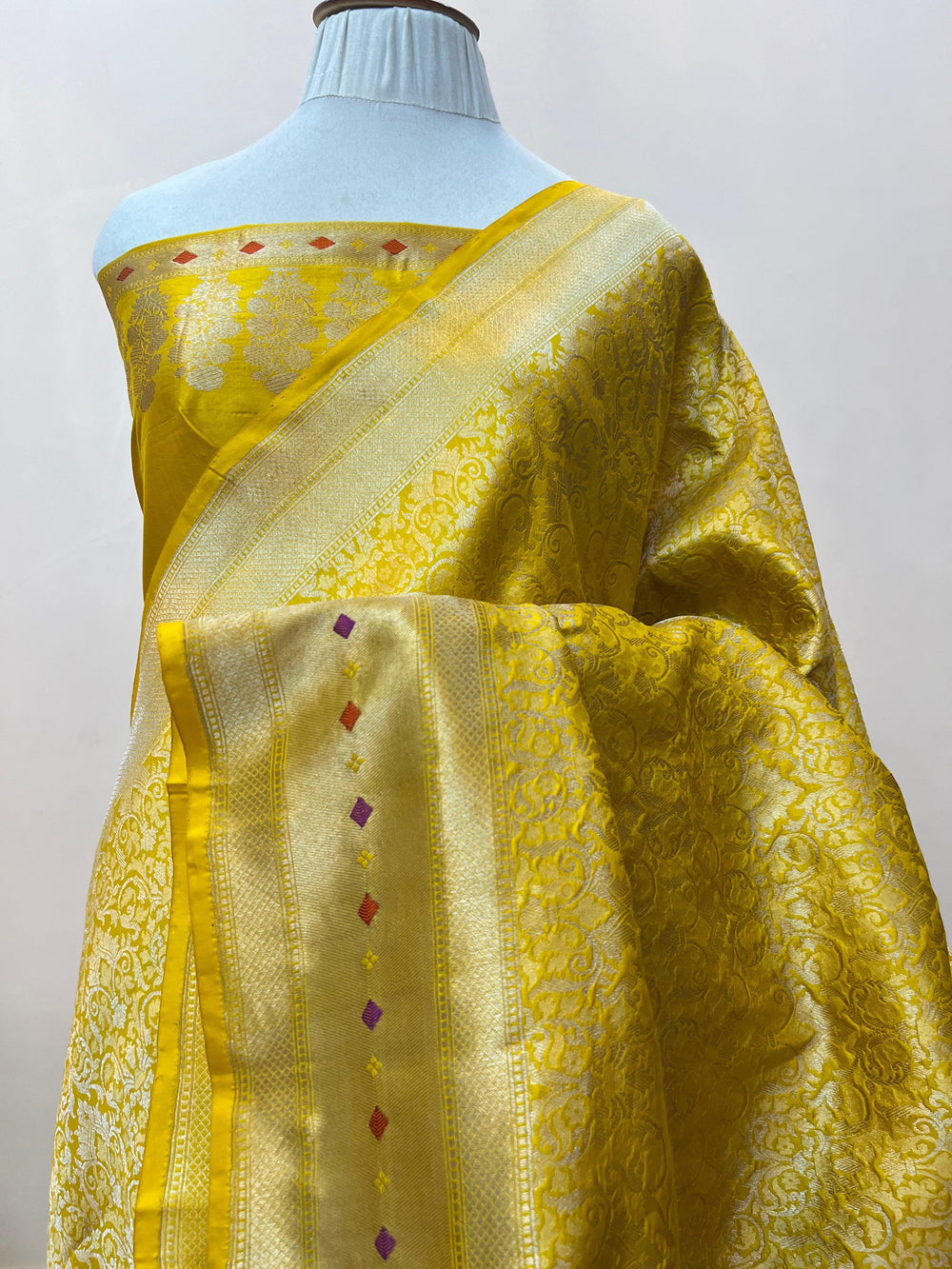 Pure Katan silk handloom Banarasi saree with golden geometric brocade and Meenakari designer border