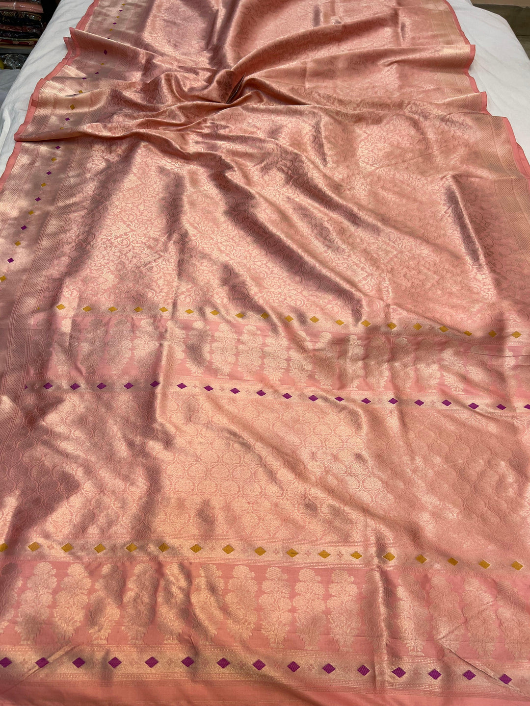 Pure Katan silk handloom Banarasi saree with golden geometric brocade and Meenakari designer border