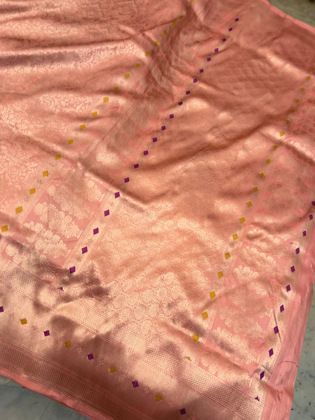 Rich pallu of pure Katan silk handloom Banarasi saree highlighting the golden zari geometric design