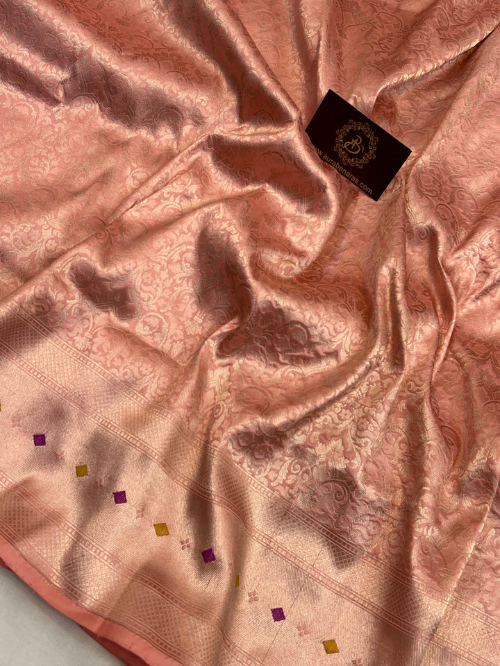 Golden zari geometric brocade work on pure Katan silk Banarasi saree with Meenakari border