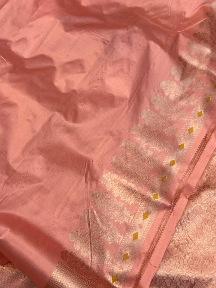 Plain blouse piece with matching border included with pure Katan silk Banarasi saree