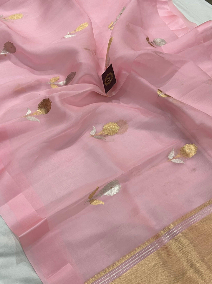 Baby Pink Banarasi Handloom Kora Silk Saree - Aura Benaras